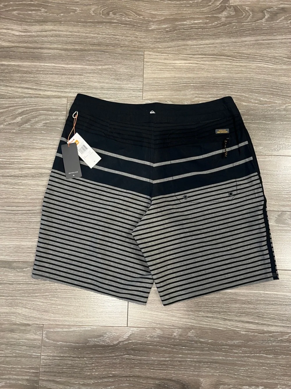 Quiksilver Watermen Collection Men’s Navy, Black and Gray Striped Boardshorts